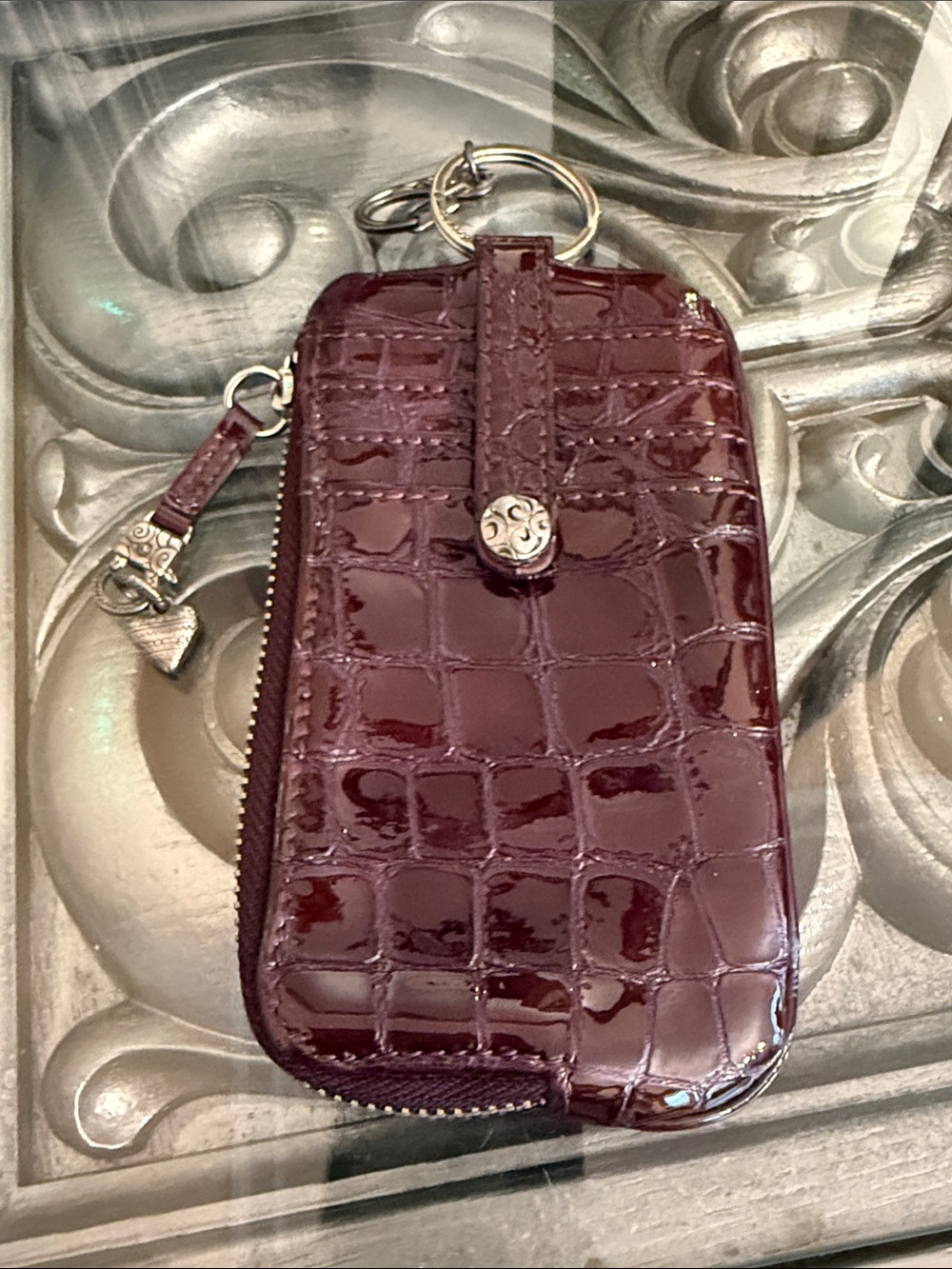 Brighton Faux Croc Patent Leather Zip Card Holder with Keyring